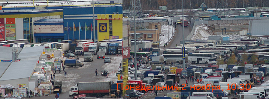 Грузовой автотранспорт и региональные автобусы челноков на территории ТЯК Москва стоят стройными рядами, ноябрь 2009 года